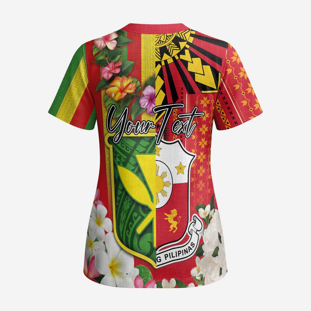 Personalised Hawaii and Philippines Together Scrub Top The Emblems with Cultural Symbols Green-Yellow-Red Tricolor LT03 - Polynesian Pride