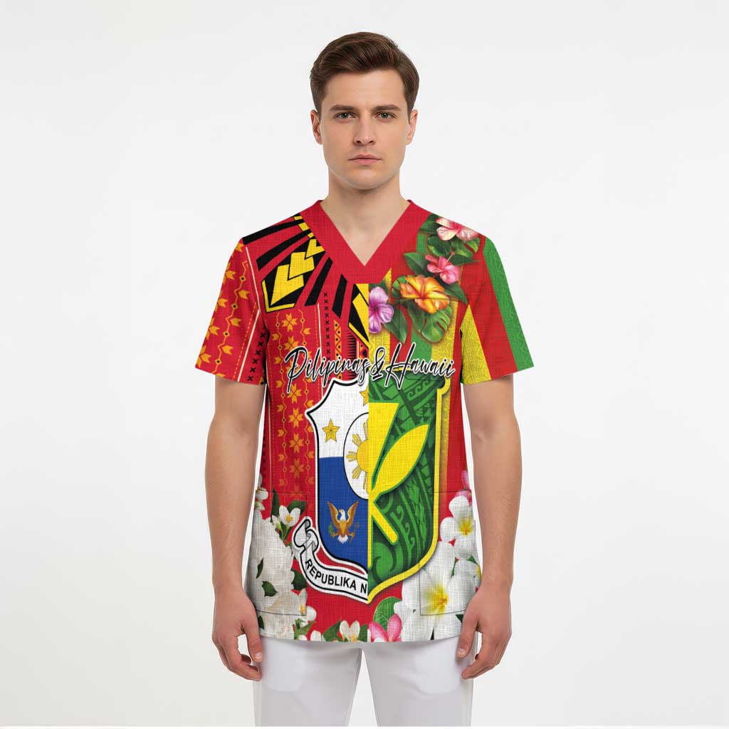 Personalised Hawaii and Philippines Together Scrub Top The Emblems with Cultural Symbols Green-Yellow-Red Tricolor LT03 - Polynesian Pride