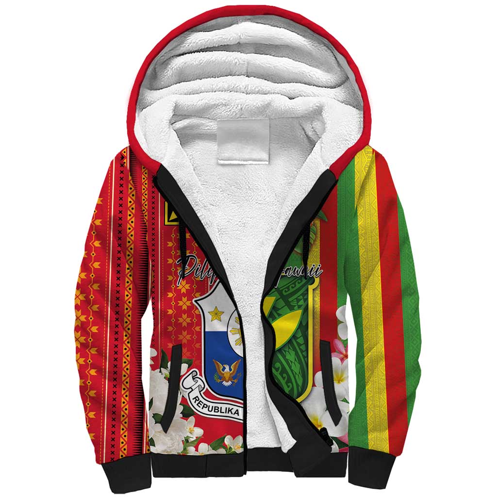 Personalised Hawaii and Philippines Together Sherpa Hoodie The Emblems with Cultural Symbols Green-Yellow-Red Tricolor