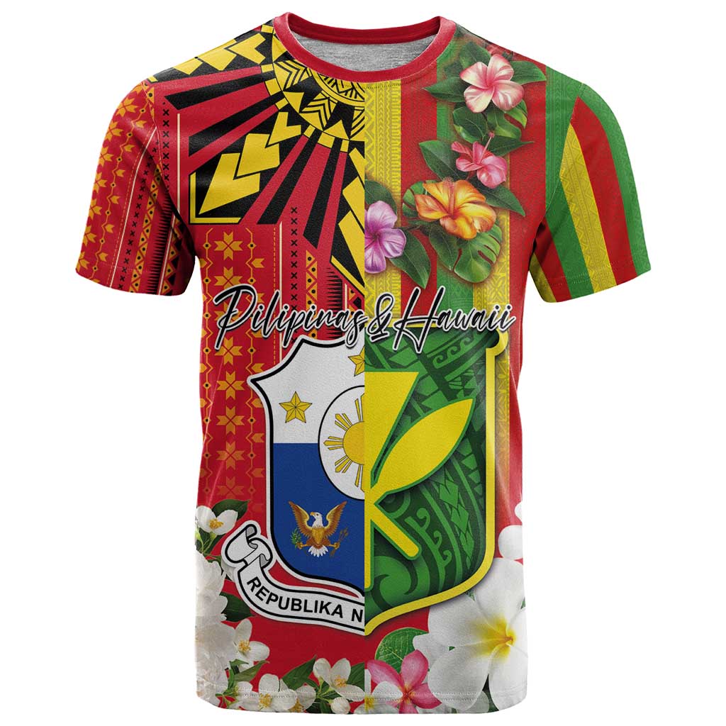 Personalised Hawaii and Philippines Together T Shirt The Emblems with Cultural Symbols Green-Yellow-Red Tricolor