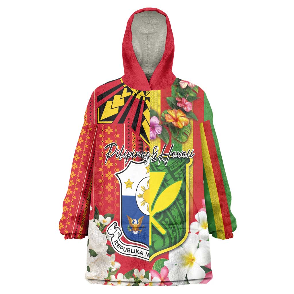 Personalised Hawaii and Philippines Together Wearable Blanket Hoodie The Emblems with Cultural Symbols Green-Yellow-Red Tricolor