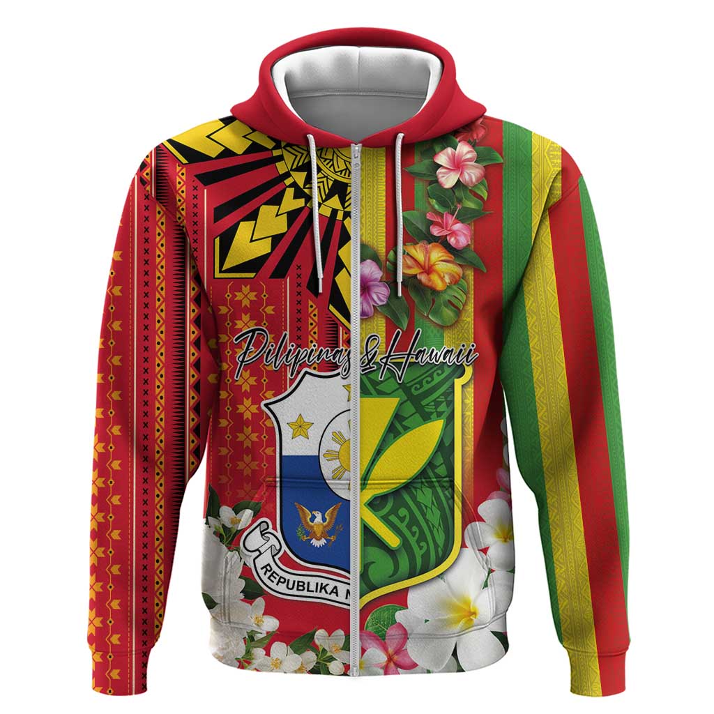 Personalised Hawaii and Philippines Together Zip Hoodie The Emblems with Cultural Symbols Green-Yellow-Red Tricolor LT03 Zip Hoodie Art - Polynesian Pride