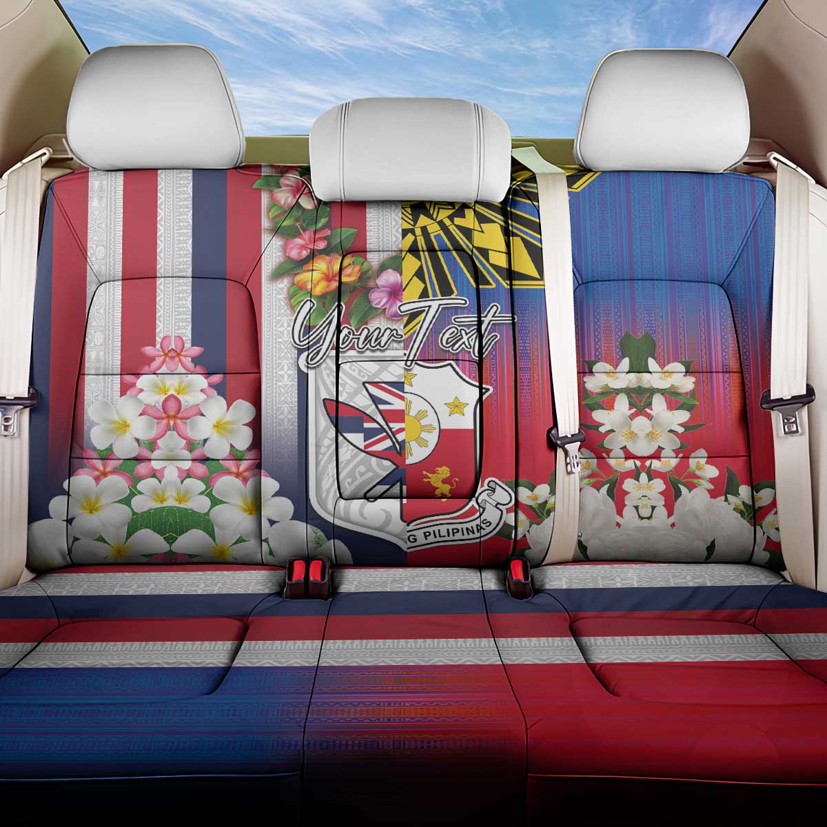Personalised Hawaii and Philippines Together Back Car Seat Cover The Emblems with Cultural Symbols Blue-White-Red Tricolor LT03 One Size Art - Polynesian Pride