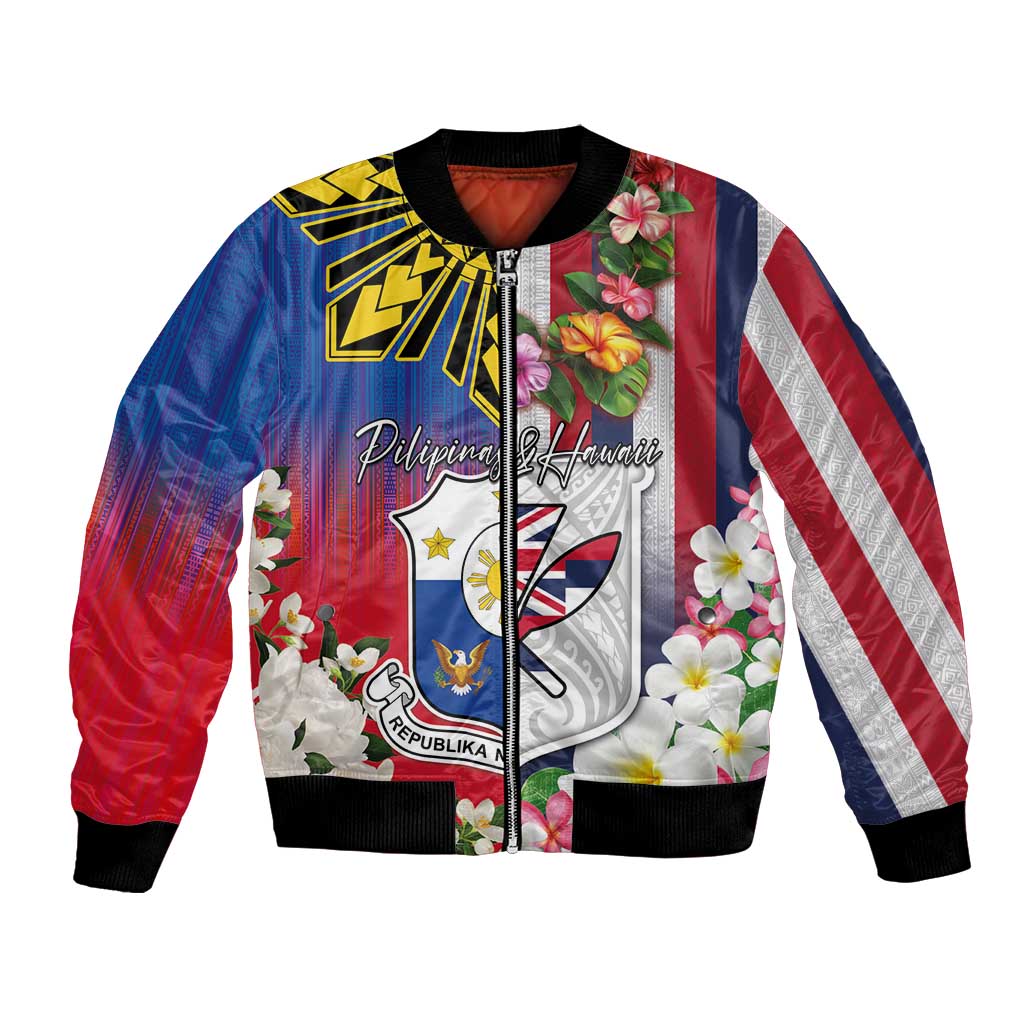 Personalised Hawaii and Philippines Together Bomber Jacket The Emblems with Cultural Symbols Blue-White-Red Tricolor LT03 Unisex Art - Polynesian Pride