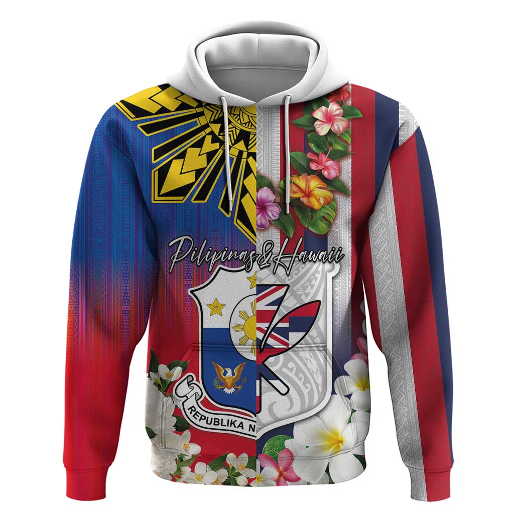 Personalised Hawaii and Philippines Together Hoodie The Emblems with Cultural Symbols Blue-White-Red Tricolor LT03 Pullover Hoodie Art - Polynesian Pride