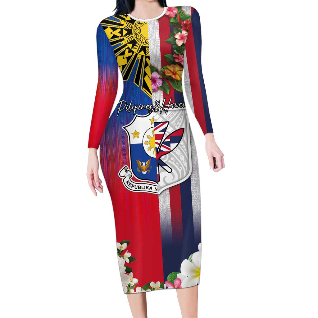 Personalised Hawaii and Philippines Together Long Sleeve Bodycon Dress The Emblems with Cultural Symbols Blue-White-Red Tricolor LT03 Long Dress Art - Polynesian Pride