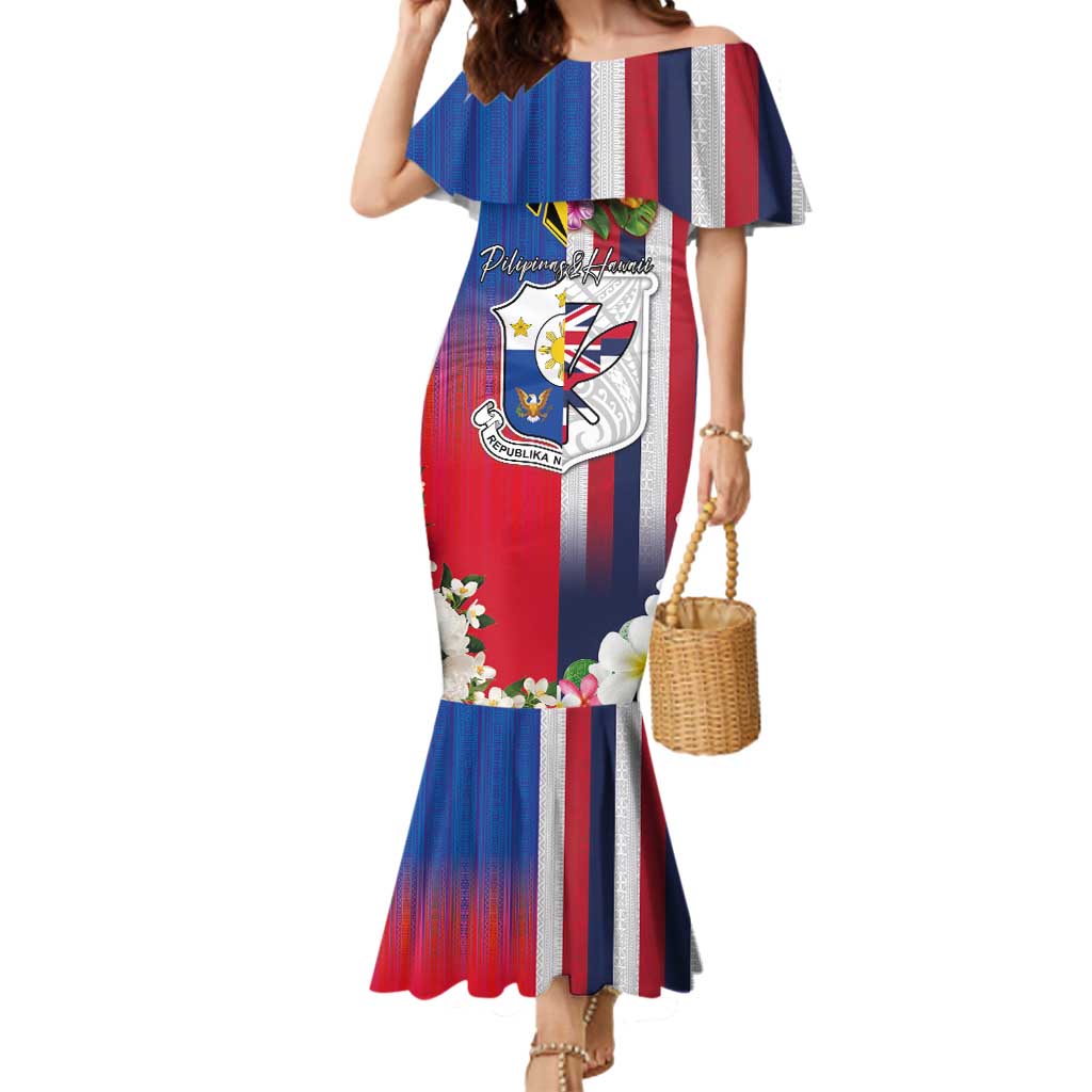 Personalised Hawaii and Philippines Together Mermaid Dress The Emblems with Cultural Symbols Blue-White-Red Tricolor LT03 Women Art - Polynesian Pride