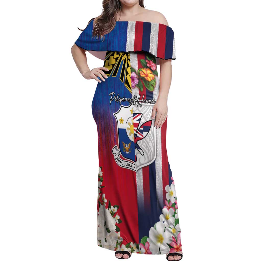 Personalised Hawaii and Philippines Together Off Shoulder Maxi Dress The Emblems with Cultural Symbols Blue-White-Red Tricolor LT03 Women Art - Polynesian Pride