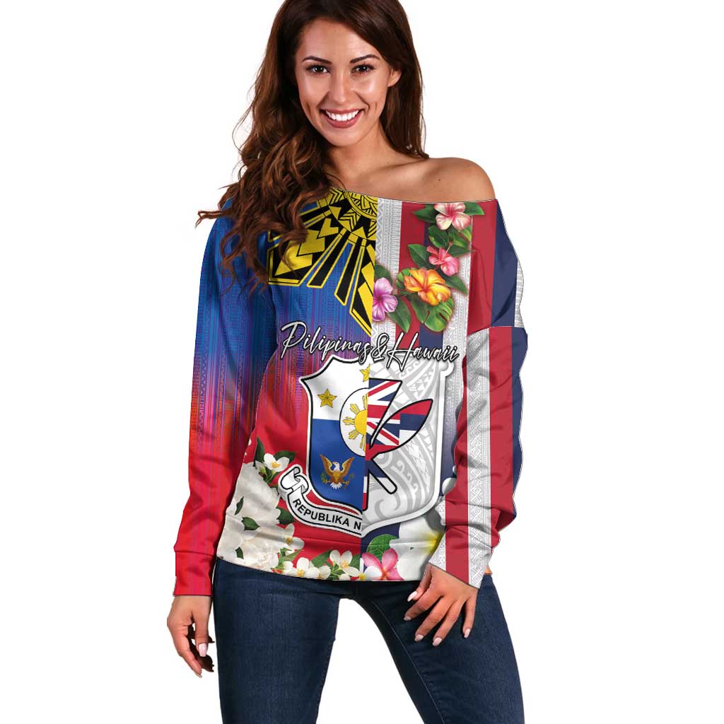 Personalised Hawaii and Philippines Together Off Shoulder Sweater The Emblems with Cultural Symbols Blue-White-Red Tricolor LT03 Women Art - Polynesian Pride