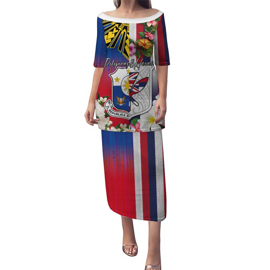 Personalised Hawaii and Philippines Together Puletasi The Emblems with Cultural Symbols Blue-White-Red Tricolor LT03 Long Dress Art - Polynesian Pride