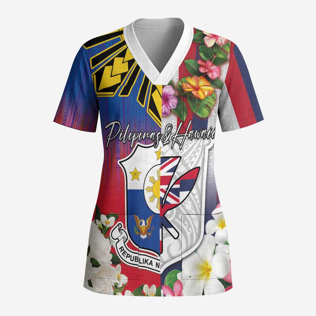 Personalised Hawaii and Philippines Together Scrub Top The Emblems with Cultural Symbols Blue-White-Red Tricolor LT03 Adult Art - Polynesian Pride