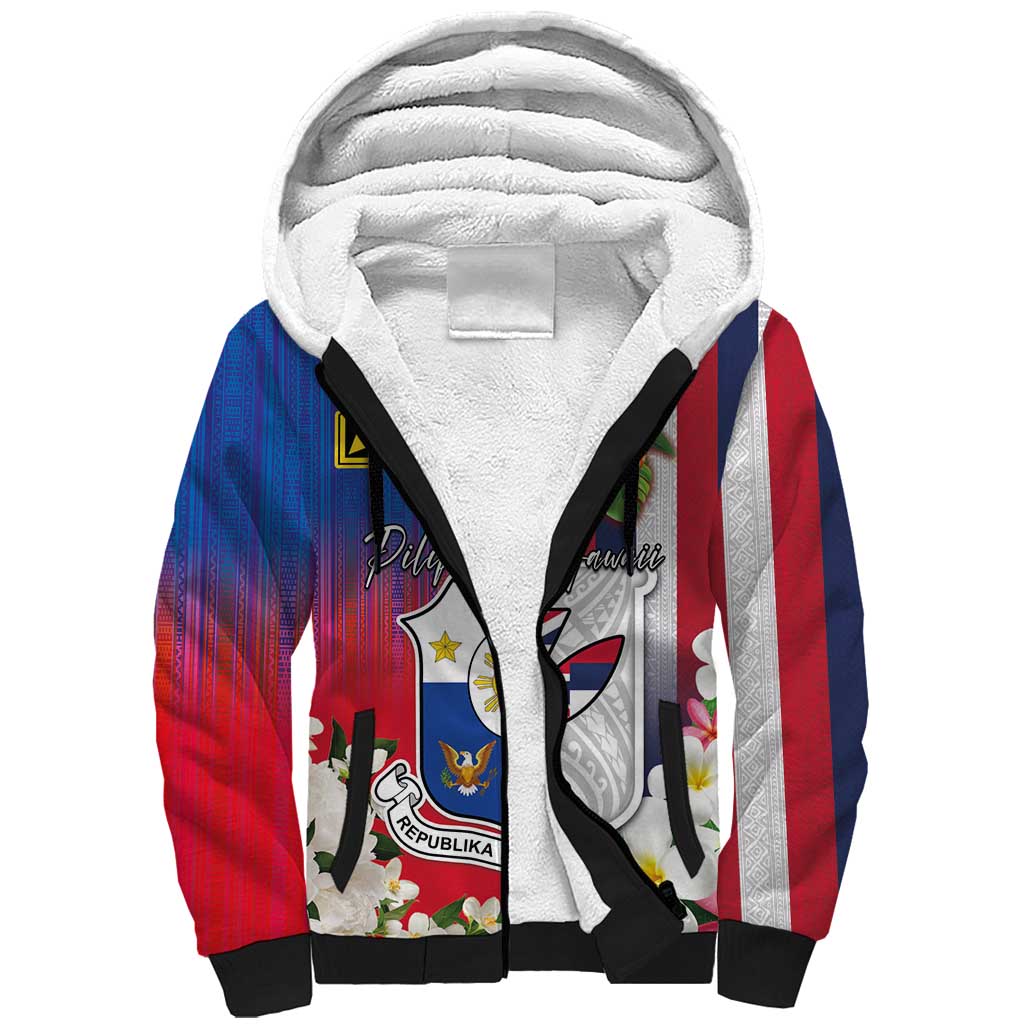 Personalised Hawaii and Philippines Together Sherpa Hoodie The Emblems with Cultural Symbols Blue-White-Red Tricolor