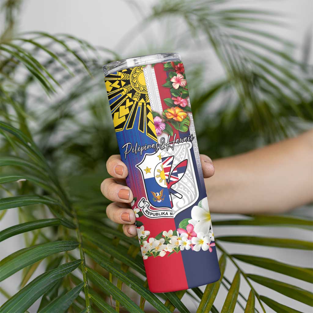 Personalised Hawaii and Philippines Together Skinny Tumbler The Emblems with Cultural Symbols Blue-Red Gradient LT03 - Polynesian Pride