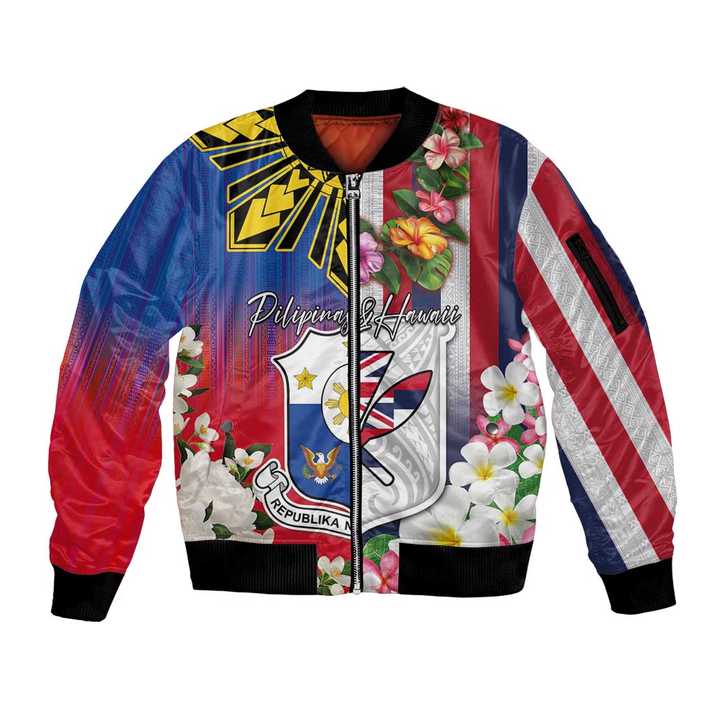 Personalised Hawaii and Philippines Together Sleeve Zip Bomber Jacket The Emblems with Cultural Symbols Blue-White-Red Tricolor LT03 Unisex Art - Polynesian Pride