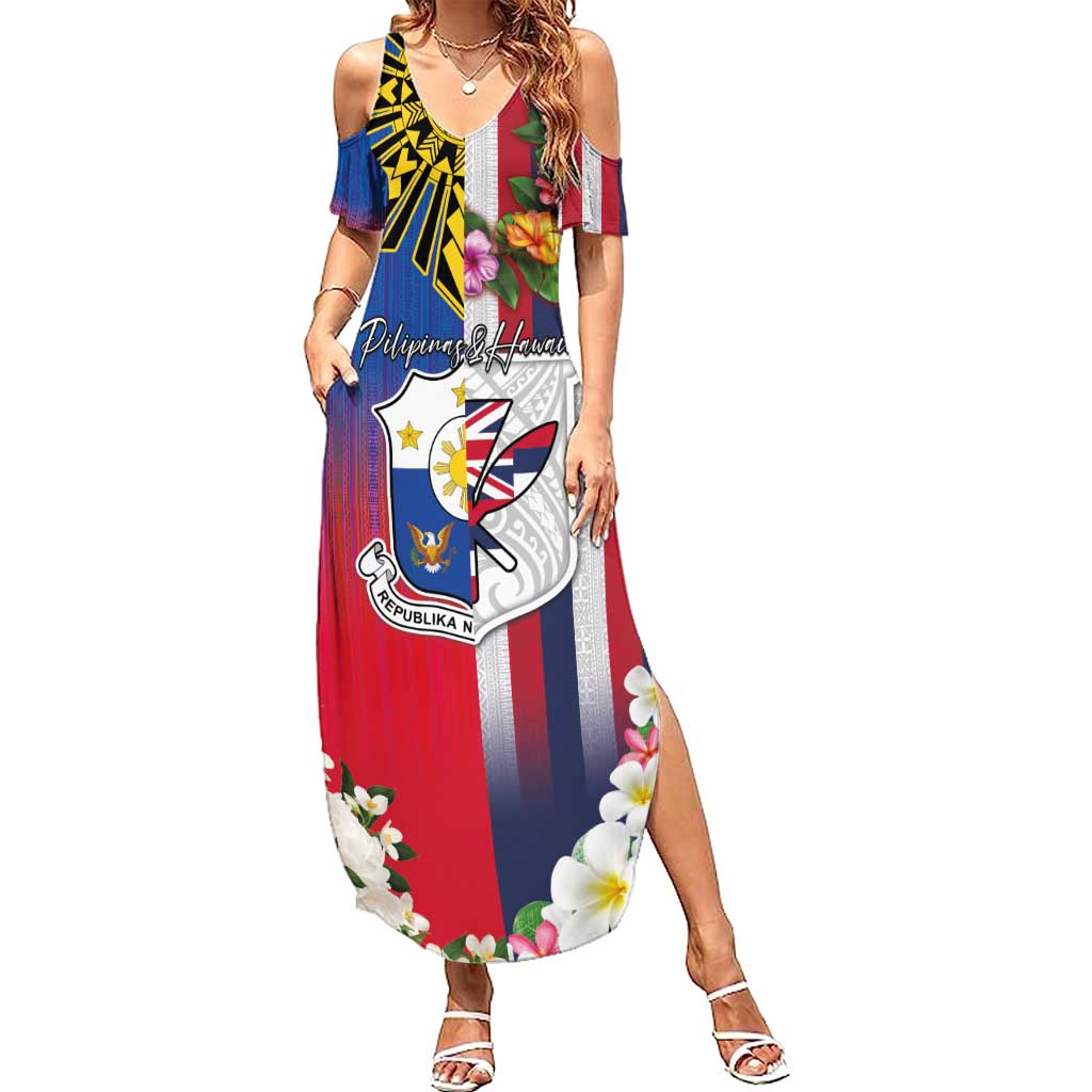 Personalised Hawaii and Philippines Together Summer Maxi Dress The Emblems with Cultural Symbols Blue-White-Red Tricolor LT03 Women Art - Polynesian Pride