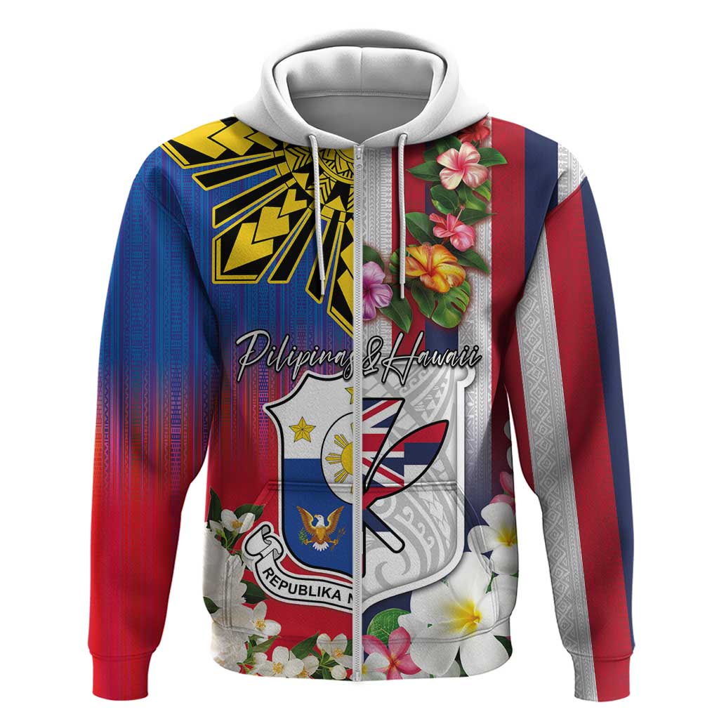 Personalised Hawaii and Philippines Together Zip Hoodie The Emblems with Cultural Symbols Blue-White-Red Tricolor LT03 Zip Hoodie Art - Polynesian Pride