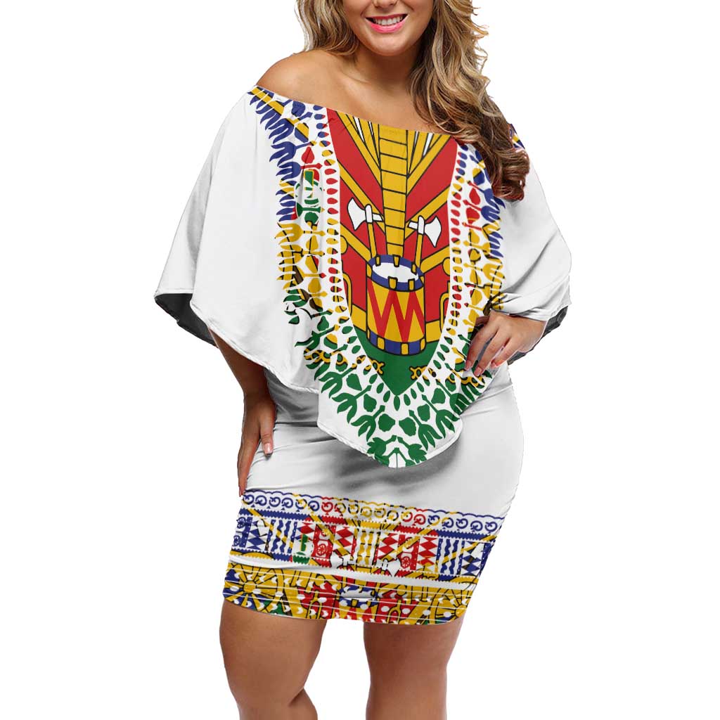 Haiti Flag Traditional Dashiki Off Shoulder Short Dress White Color LT03 Women White - Polynesian Pride