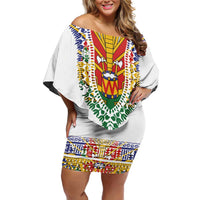 Haiti Flag Traditional Dashiki Off Shoulder Short Dress White Color LT03 Women White - Polynesian Pride