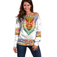 Haiti Flag Traditional Dashiki Off Shoulder Sweater White Color LT03 Women White - Polynesian Pride