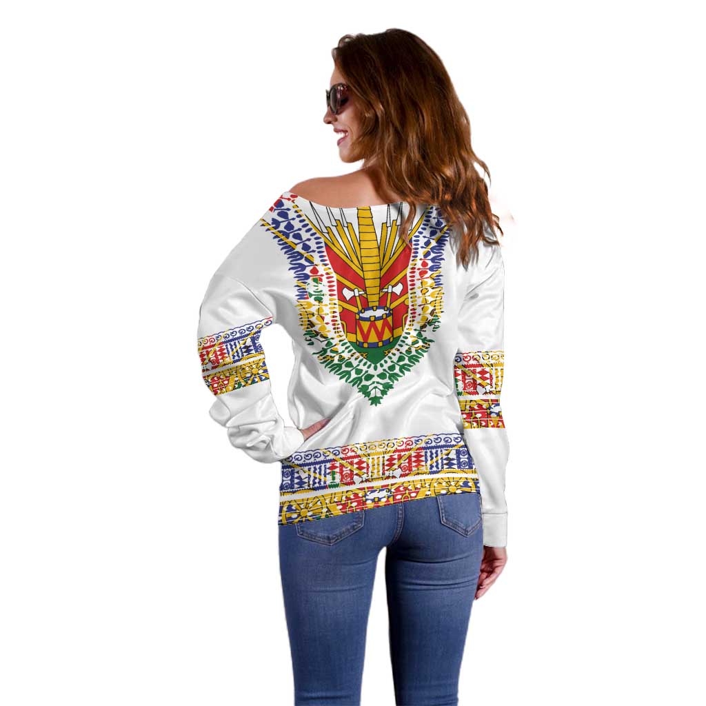 Haiti Flag Traditional Dashiki Off Shoulder Sweater White Color LT03 - Polynesian Pride