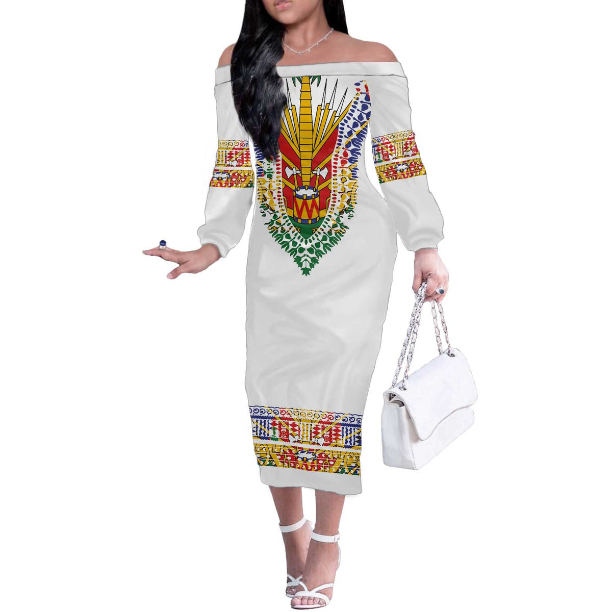 Haiti Flag Traditional Dashiki Off The Shoulder Long Sleeve Dress White Color LT03 Women White - Polynesian Pride