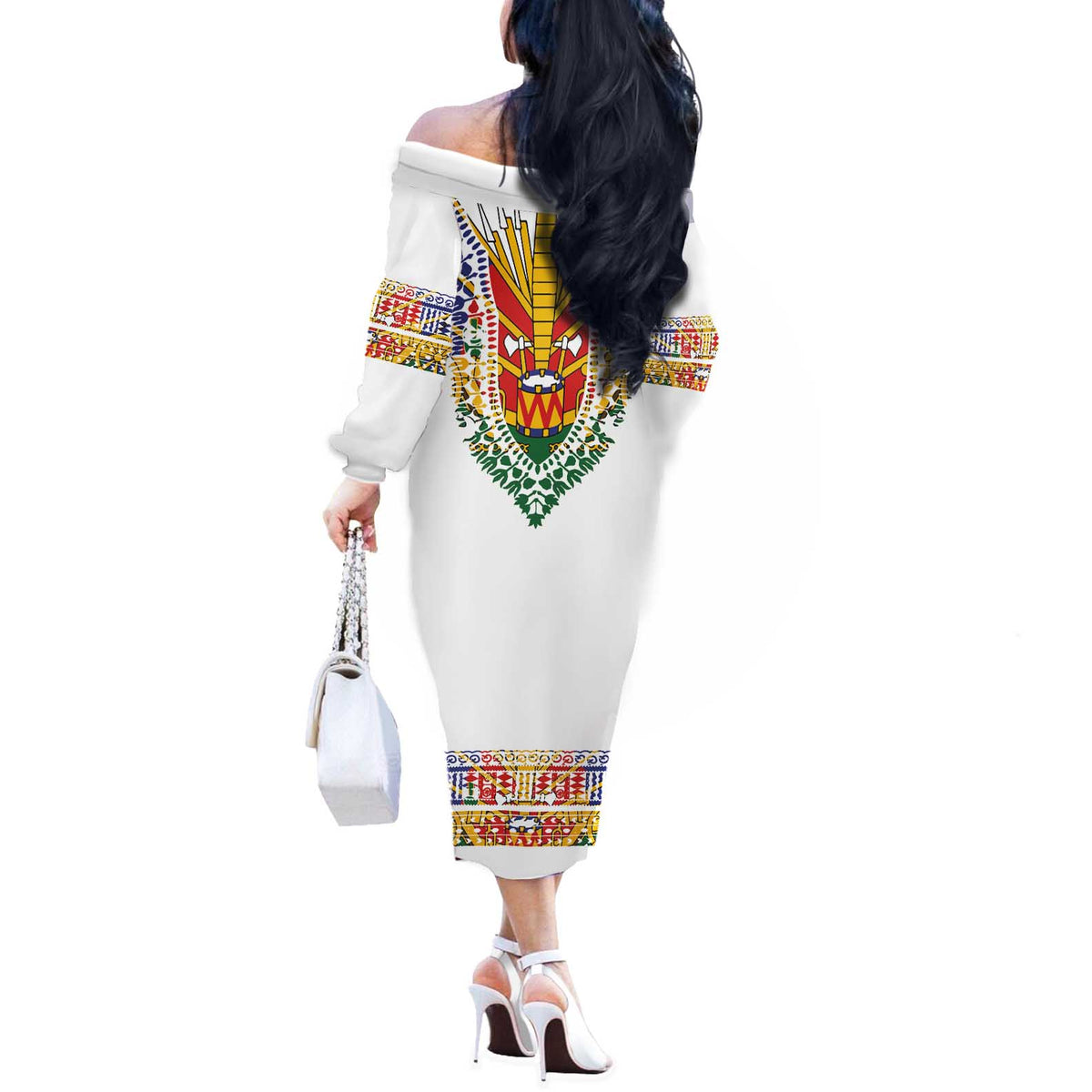 Haiti Flag Traditional Dashiki Off The Shoulder Long Sleeve Dress White Color LT03 - Polynesian Pride