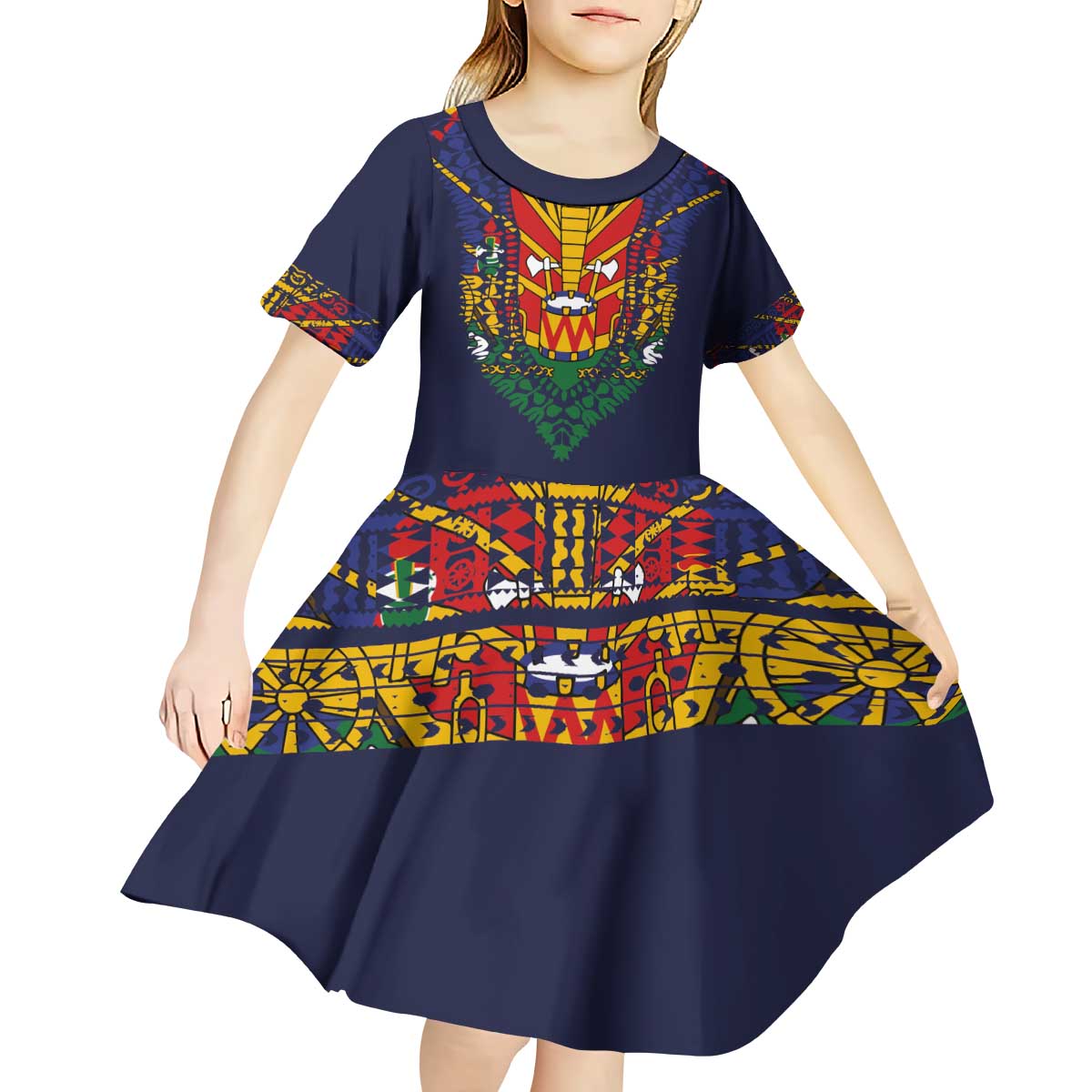 Haiti Flag Traditional Dashiki Kid Short Sleeve Dress Black Color LT03 - Polynesian Pride