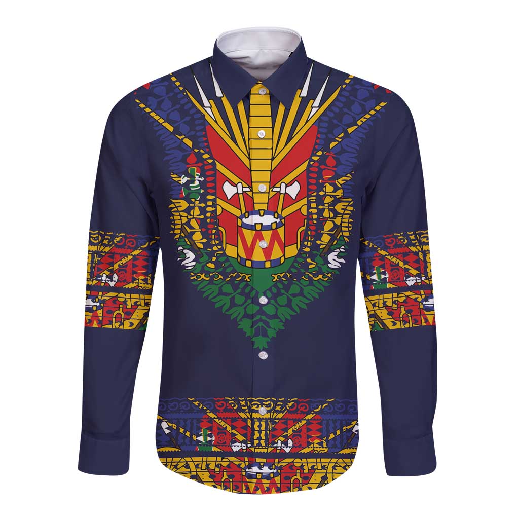 Haiti Flag Traditional Dashiki Long Sleeve Button Shirt Black Color LT03 Unisex Black - Polynesian Pride