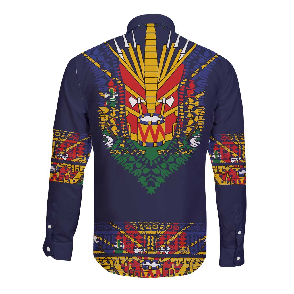 Haiti Flag Traditional Dashiki Long Sleeve Button Shirt Black Color LT03 - Polynesian Pride