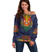 Haiti Flag Traditional Dashiki Off Shoulder Sweater Black Color LT03 Women Black - Polynesian Pride