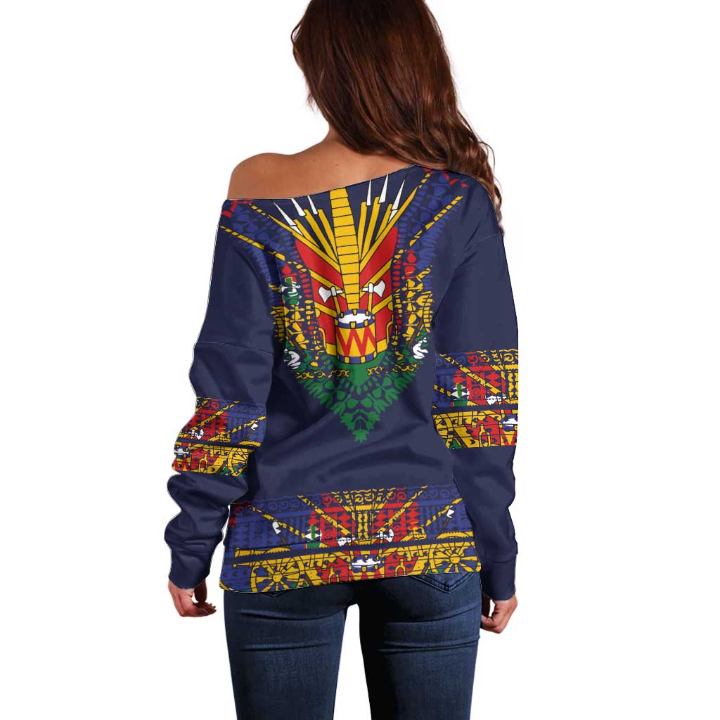 Haiti Flag Traditional Dashiki Off Shoulder Sweater Black Color LT03 - Polynesian Pride