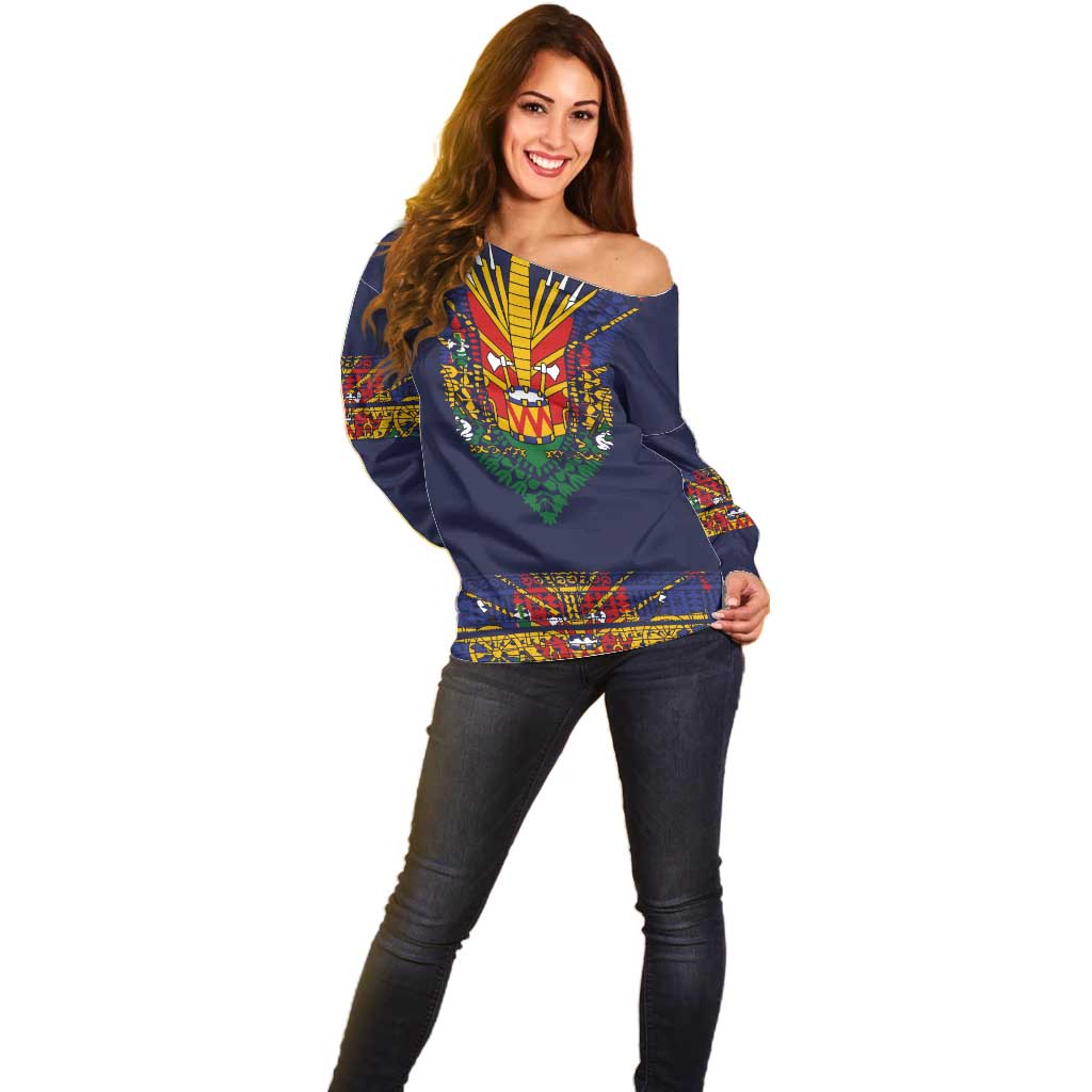 Haiti Flag Traditional Dashiki Off Shoulder Sweater Black Color LT03 - Polynesian Pride
