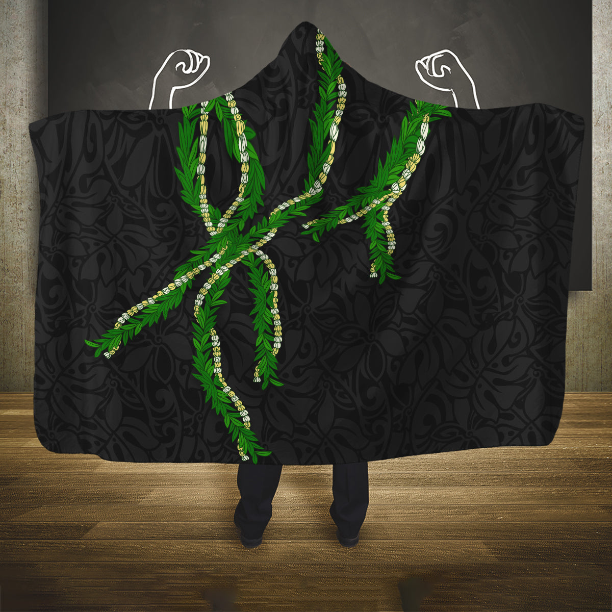 Hawaii Maile Lei Hooded Blanket Aloha Black Color LT03 One Size Black - Polynesian Pride