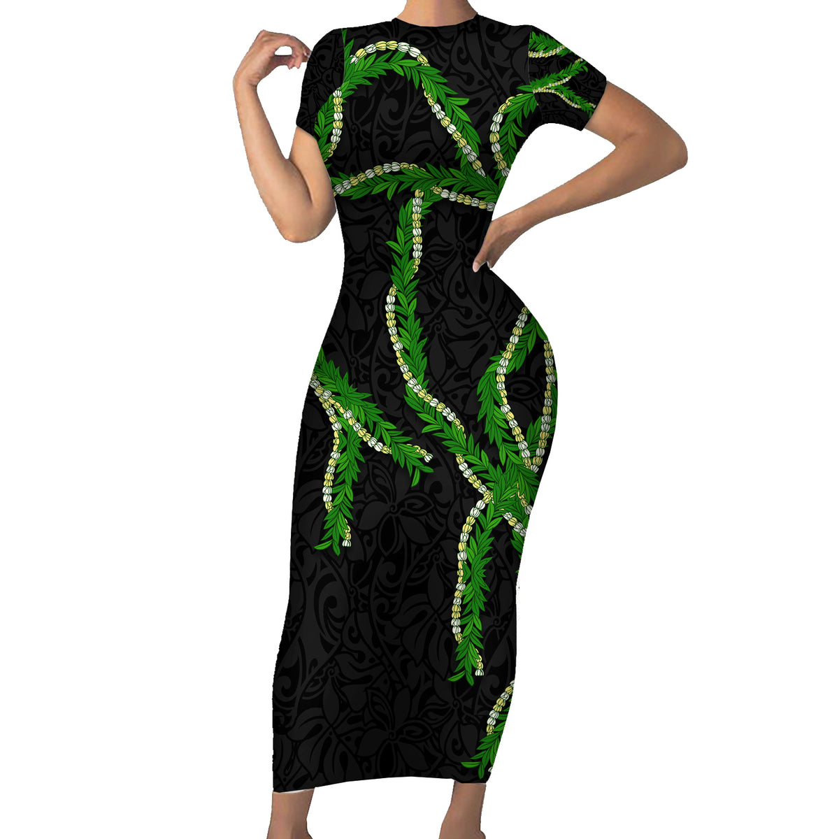 Hawaii Maile Lei Short Sleeve Bodycon Dress Aloha Black Color LT03 Long Dress Black - Polynesian Pride