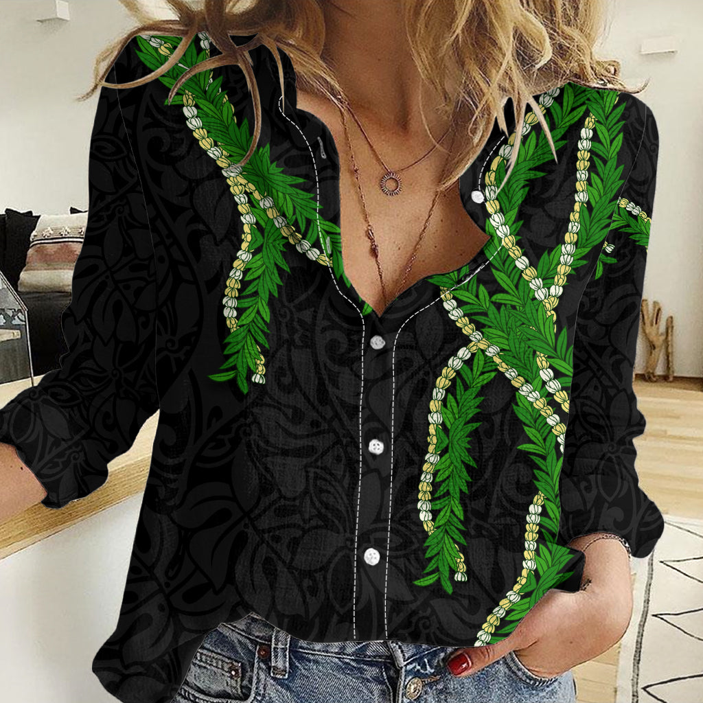 Hawaii Maile Lei Women Casual Shirt Aloha Black Color LT03 Female Black - Polynesian Pride
