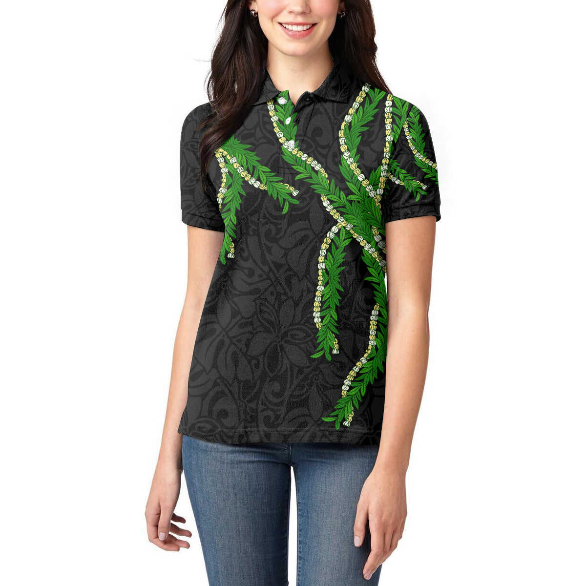 Hawaii Maile Lei Women Polo Shirt Aloha Black Color LT03 - Polynesian Pride