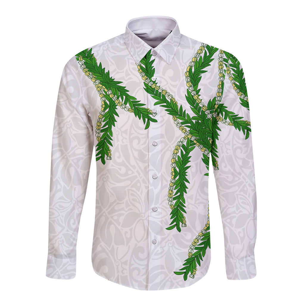 Hawaii Maile Lei Long Sleeve Button Shirt Aloha White Color LT03 Unisex White - Polynesian Pride