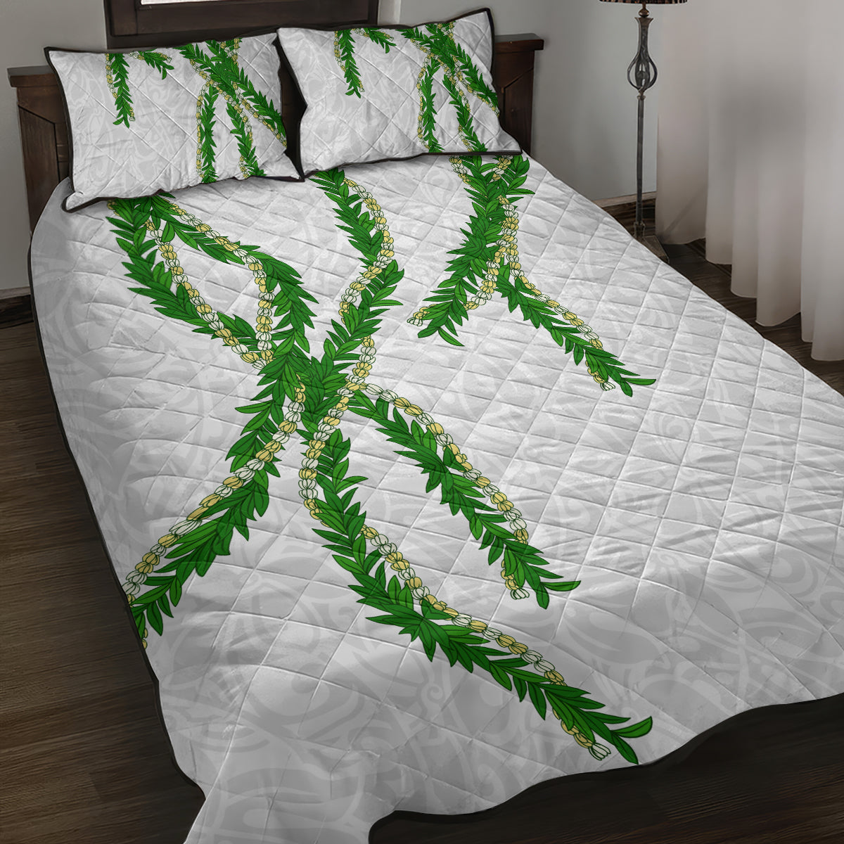 Hawaii Maile Lei Quilt Bed Set Aloha White Color LT03 White - Polynesian Pride