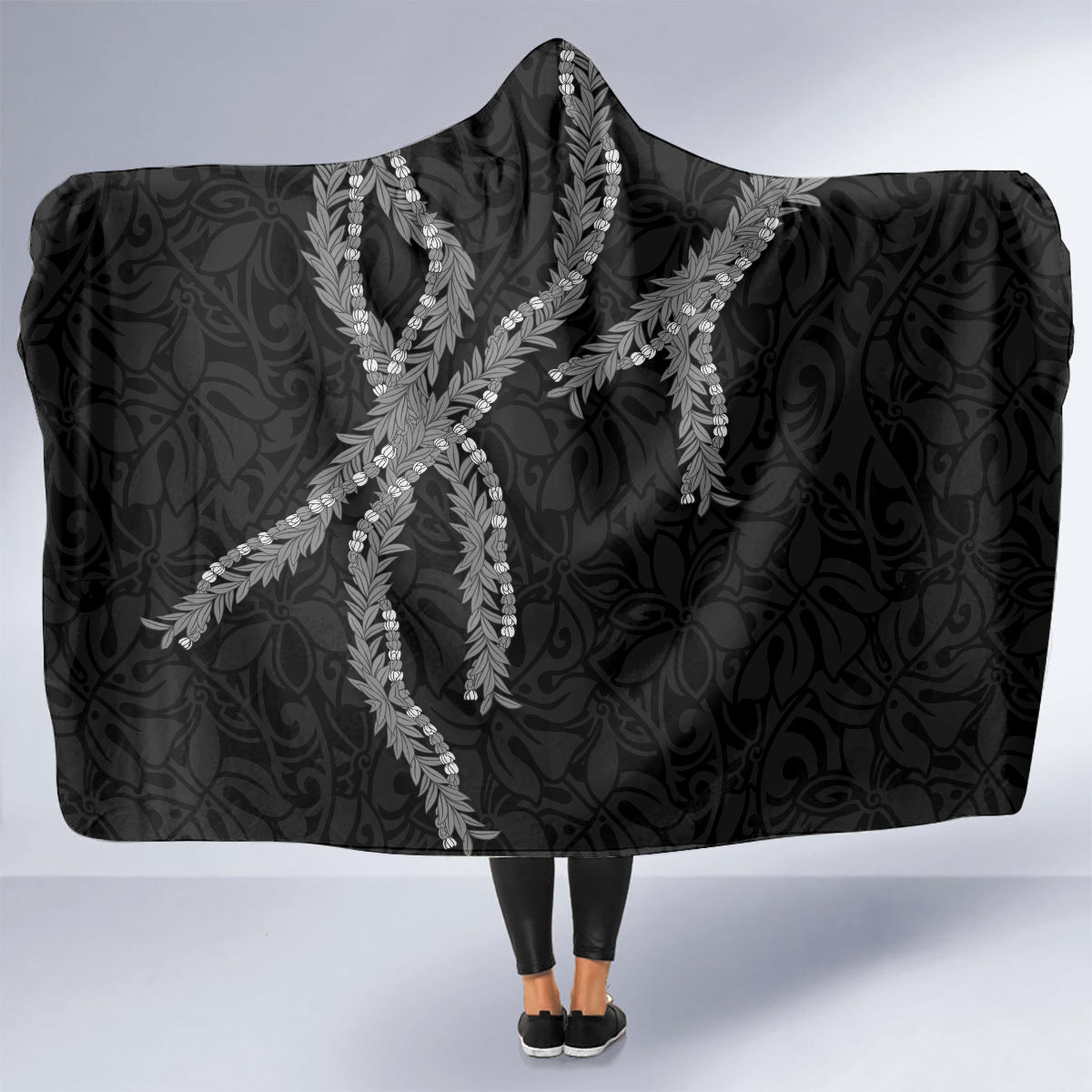 Hawaii Maile Lei Hooded Blanket Aloha Grayscale Color LT03 - Polynesian Pride