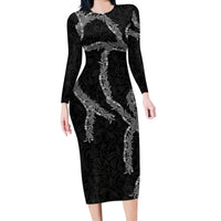 Hawaii Maile Lei Long Sleeve Bodycon Dress Aloha Grayscale Color LT03 Long Dress Grayscale - Polynesian Pride