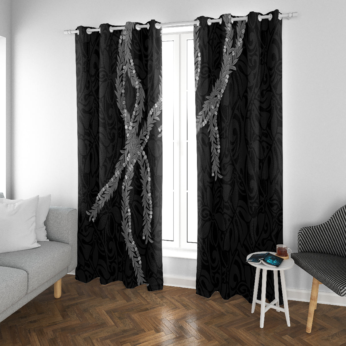 Hawaii Maile Lei Window Curtain Aloha Grayscale Color LT03 With Grommets Grayscale - Polynesian Pride