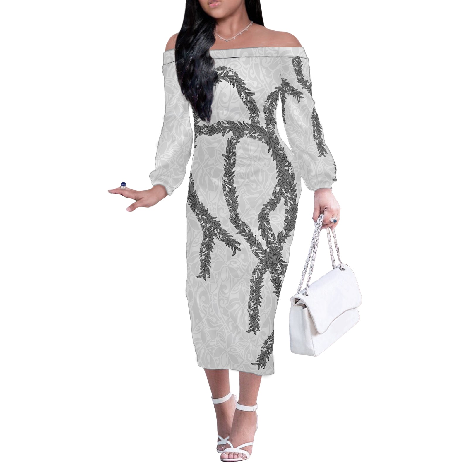 Hawaii Maile Lei Off The Shoulder Long Sleeve Dress Aloha The Grey Color LT03 Women Grey - Polynesian Pride