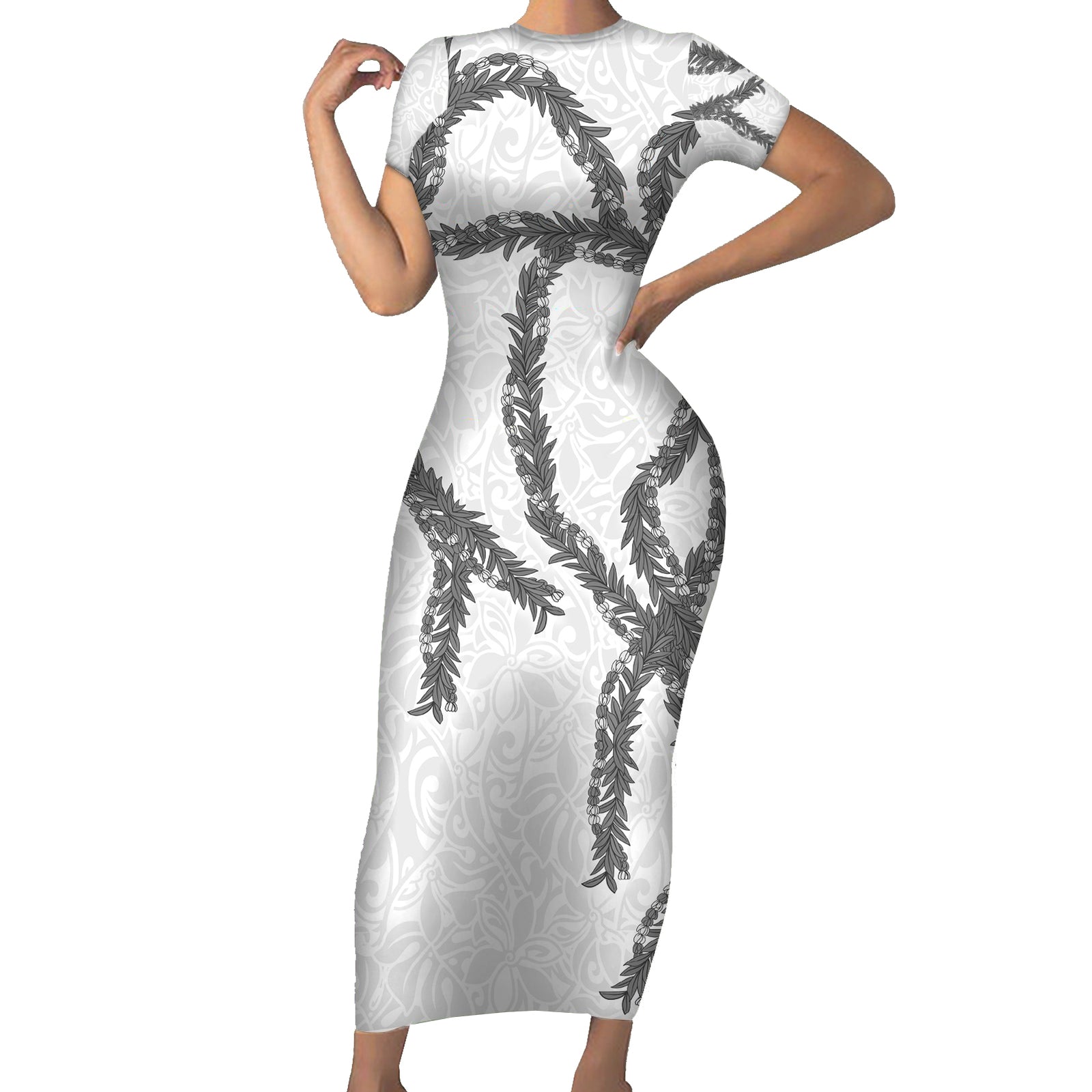 Hawaii Maile Lei Short Sleeve Bodycon Dress Aloha The Grey Color LT03 Long Dress Grey - Polynesian Pride