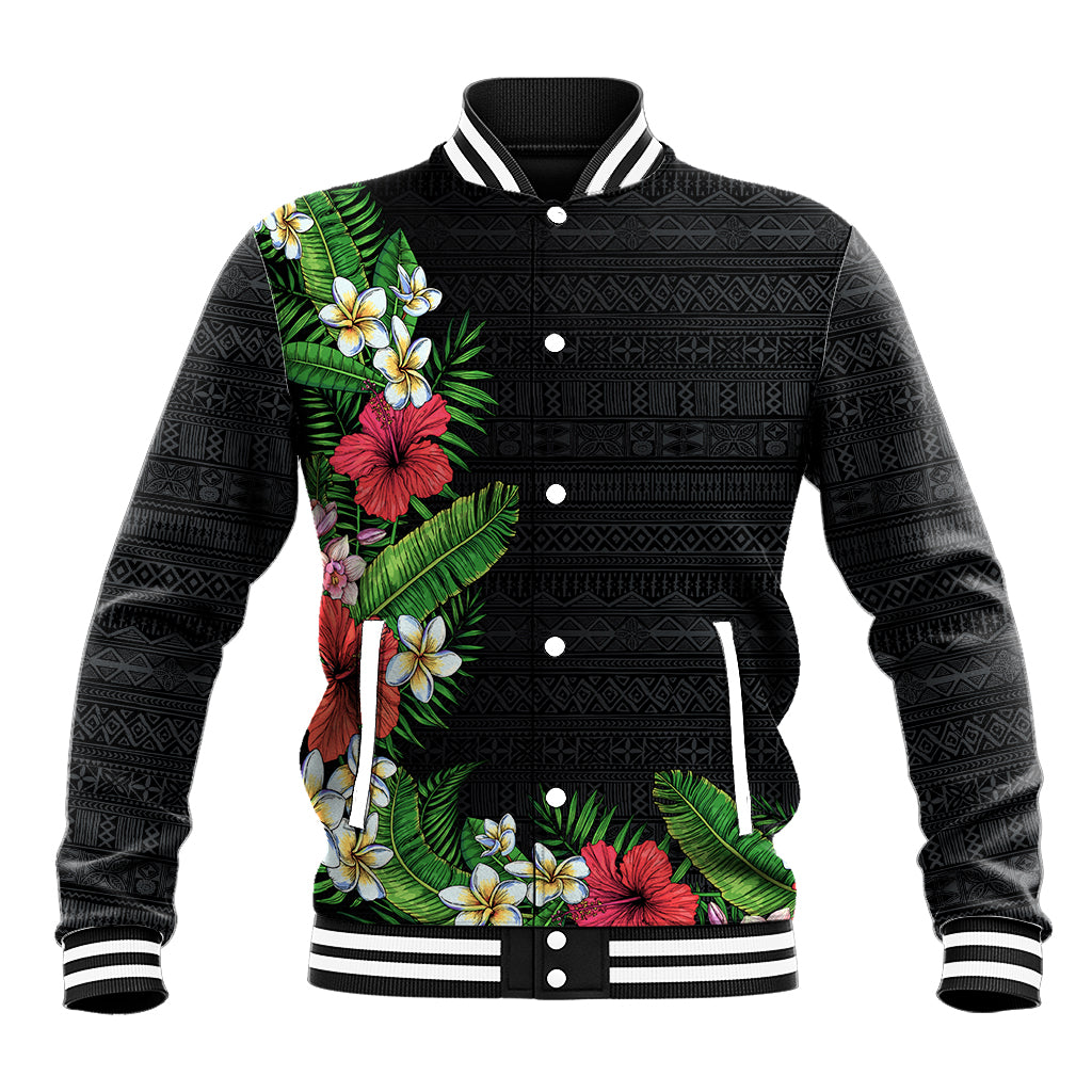 Hawaii Tropical Flowers and Leaves Baseball Jacket Tapa Pattern Colorful Mode LT03 Unisex Black - Polynesian Pride