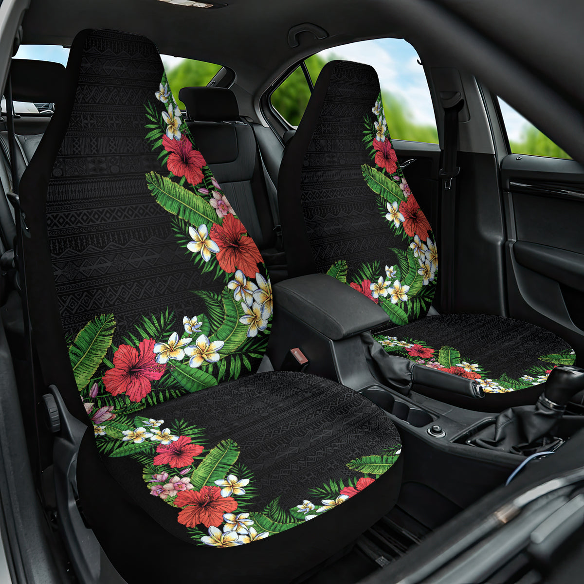 Hawaii Tropical Flowers and Leaves Car Seat Cover Tapa Pattern Colorful Mode LT03 One Size Black - Polynesian Pride