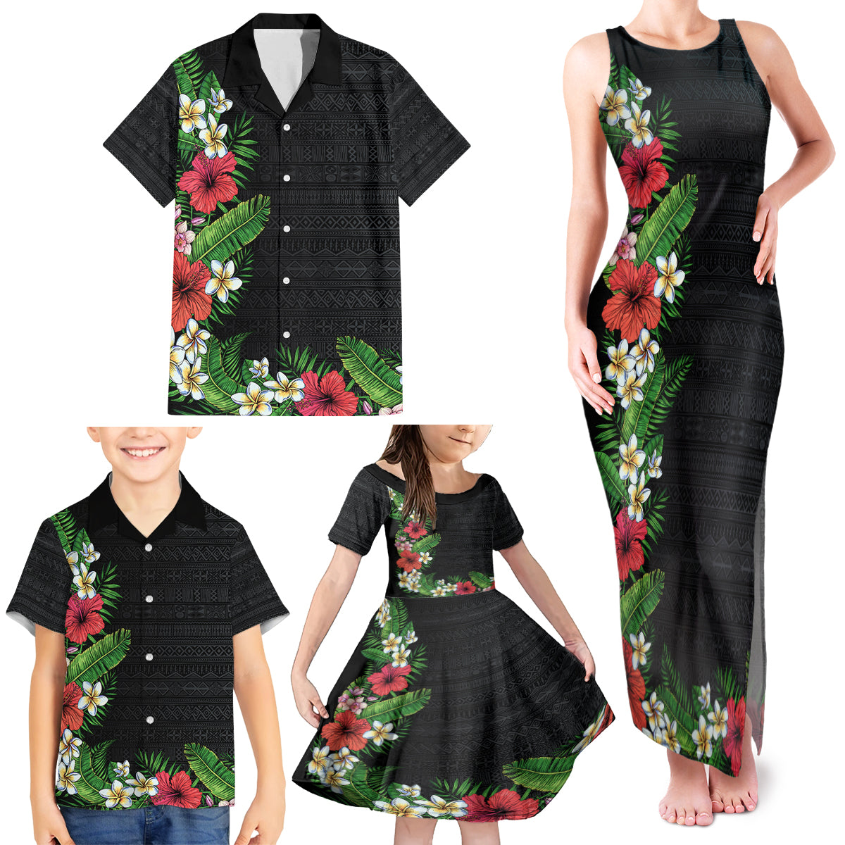 Hawaii Tropical Flowers and Leaves Family Matching Tank Maxi Dress and Hawaiian Shirt Tapa Pattern Colorful Mode