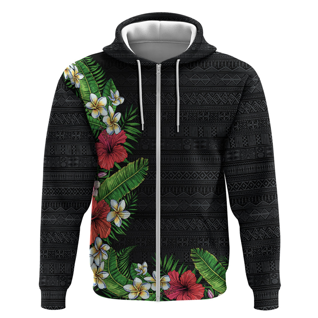 Hawaii Tropical Flowers and Leaves Hoodie Tapa Pattern Colorful Mode LT03 Zip Hoodie Black - Polynesian Pride