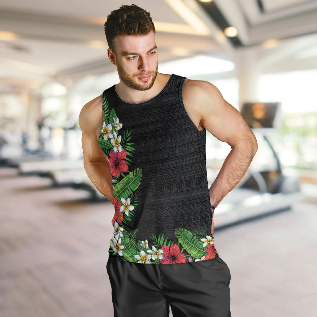 Hawaii Tropical Flowers and Leaves Men Tank Top Tapa Pattern Colorful Mode LT03 Black - Polynesian Pride