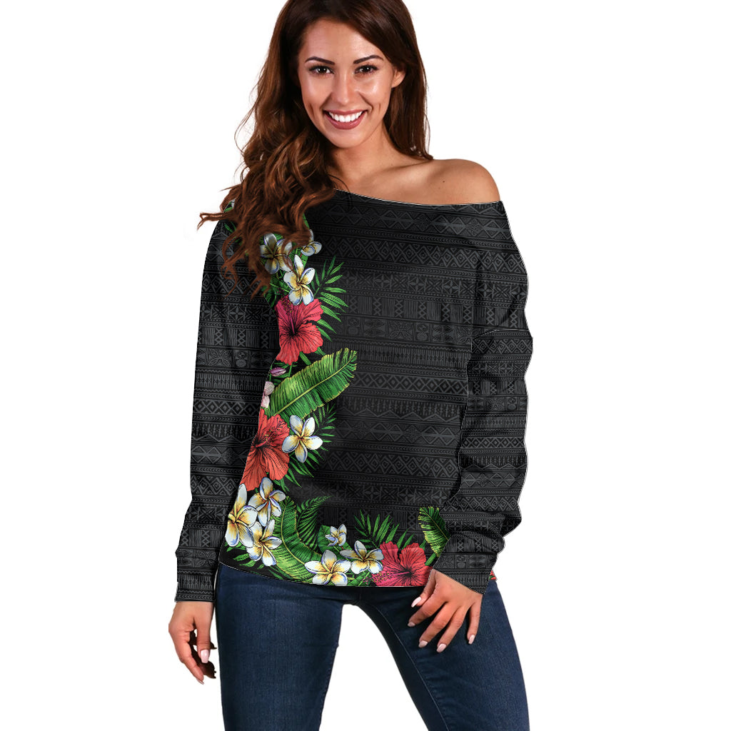 Hawaii Tropical Flowers and Leaves Off Shoulder Sweater Tapa Pattern Colorful Mode LT03 Women Black - Polynesian Pride