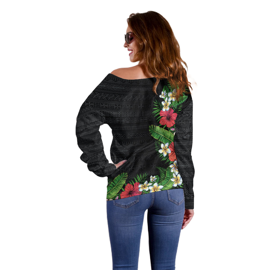 Hawaii Tropical Flowers and Leaves Off Shoulder Sweater Tapa Pattern Colorful Mode LT03 - Polynesian Pride